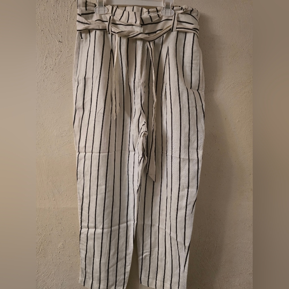 Dex Cream and Black Striped Paperbag Waist Cropped Pants